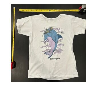 Vintage Sea World Dolly Dolphin Graphic T-Shirt White Double Sided 80s 90s Tee